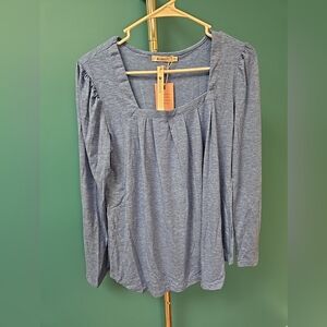Size Small Women's Square Neck Pleated Blouse Long Sleeve Loose Fit Shirt Blue